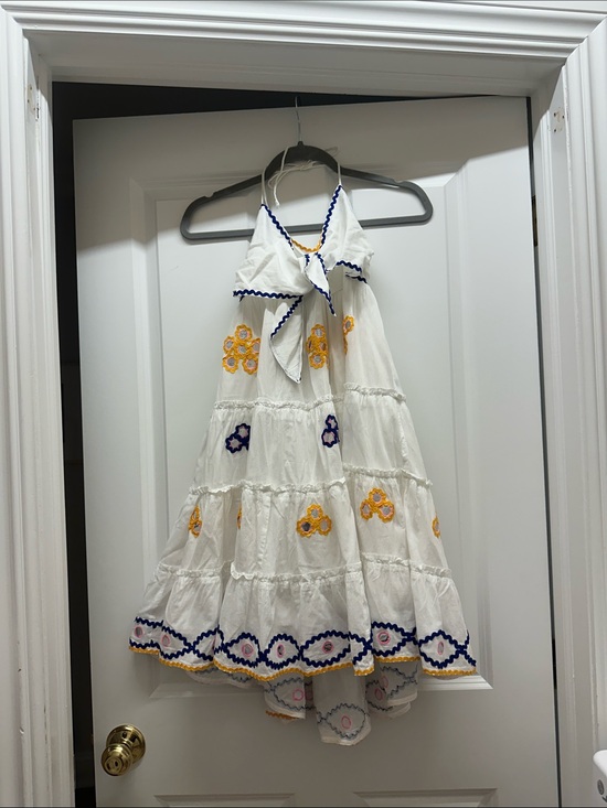 Juliet Dunn Dresses & Skirts - Juliet Dunn White Halter Mini Dress with Yellow & Navy rik rak & mirror detail -